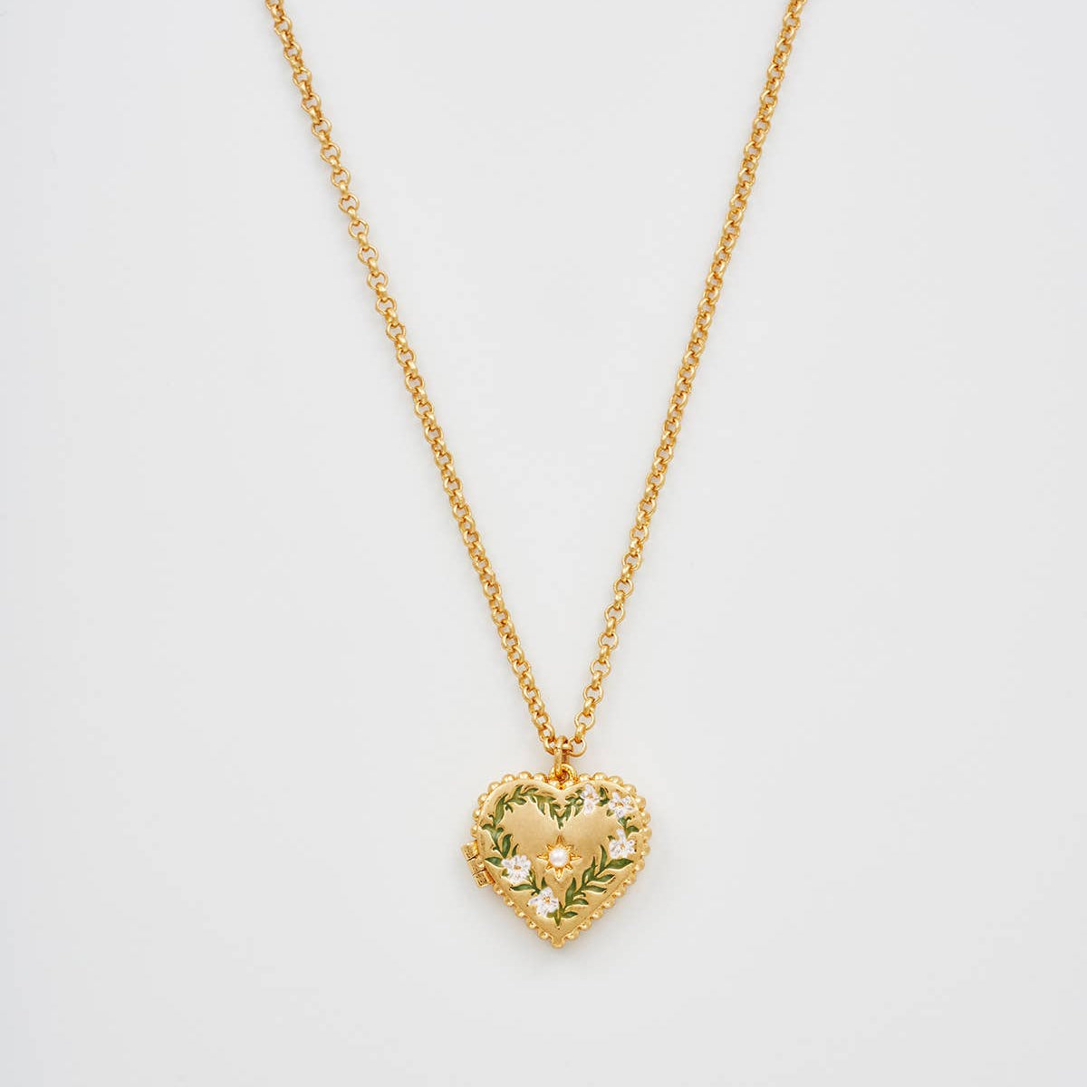 Front view of Jasmine Heart Locket Necklace with floral enamel and pearl detail on white background.