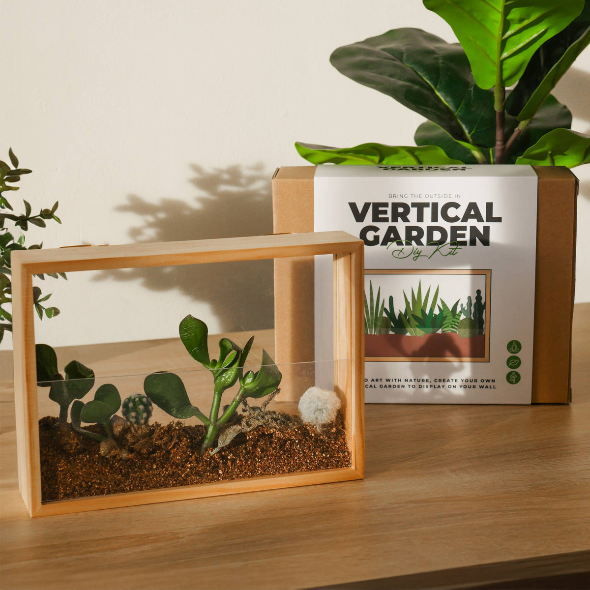 Vertical Garden planter and kit box styled on a wooden sideboard