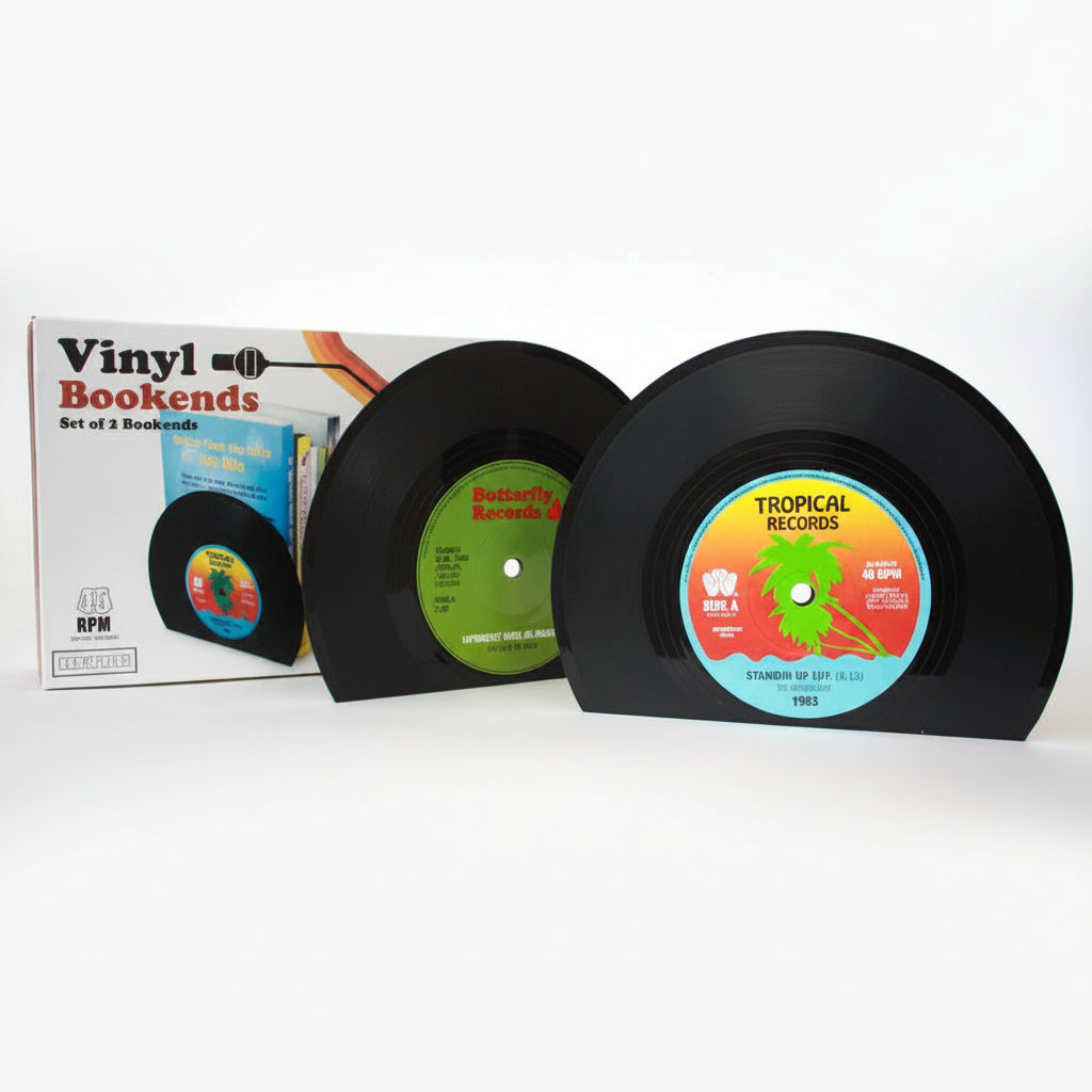 Vinyl bookends set of two beside retro packaging box on white