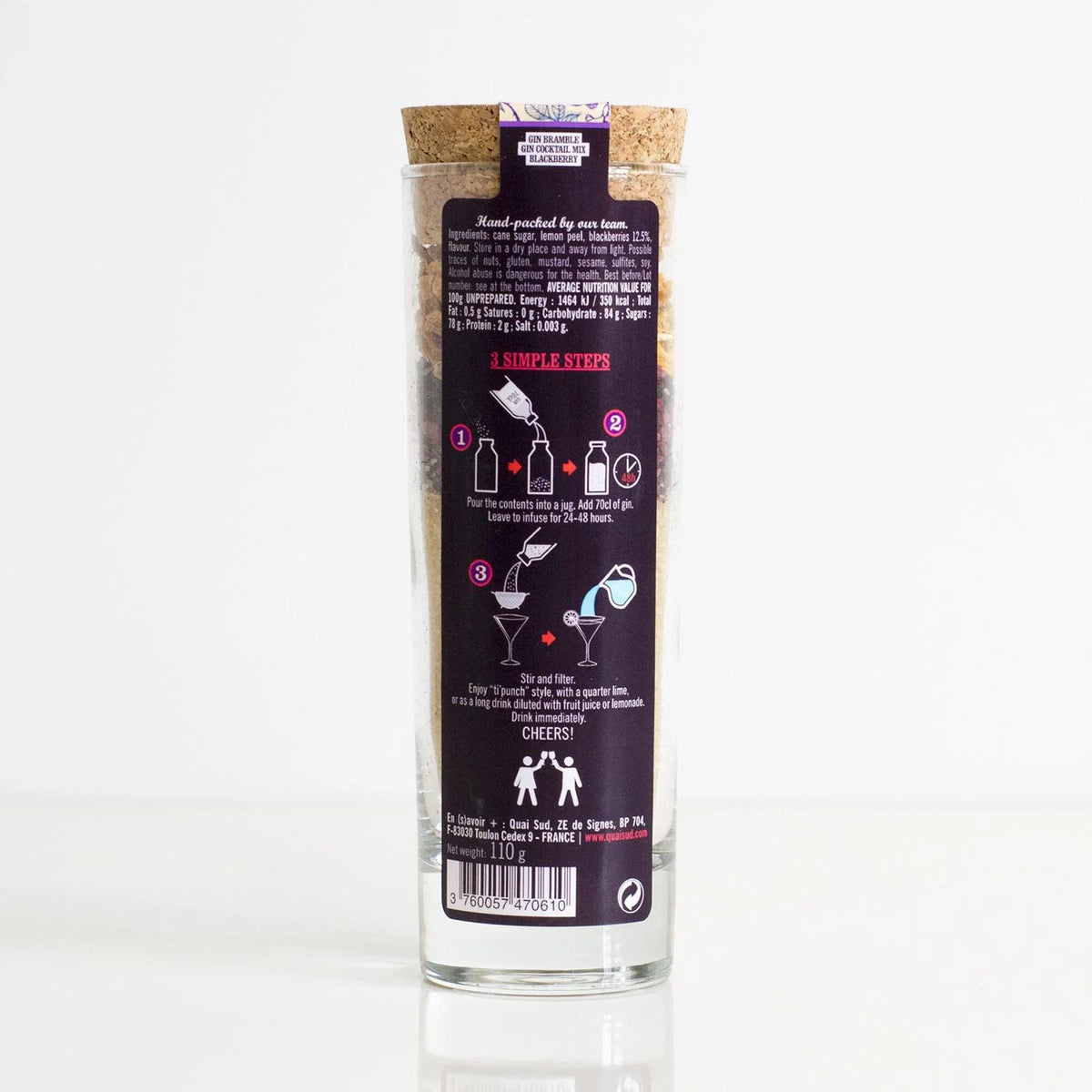 Back of Gin Bramble Cocktail Mix bottle showing ingredients, infusion steps and serving suggestions for making up to 20 gin cocktails.