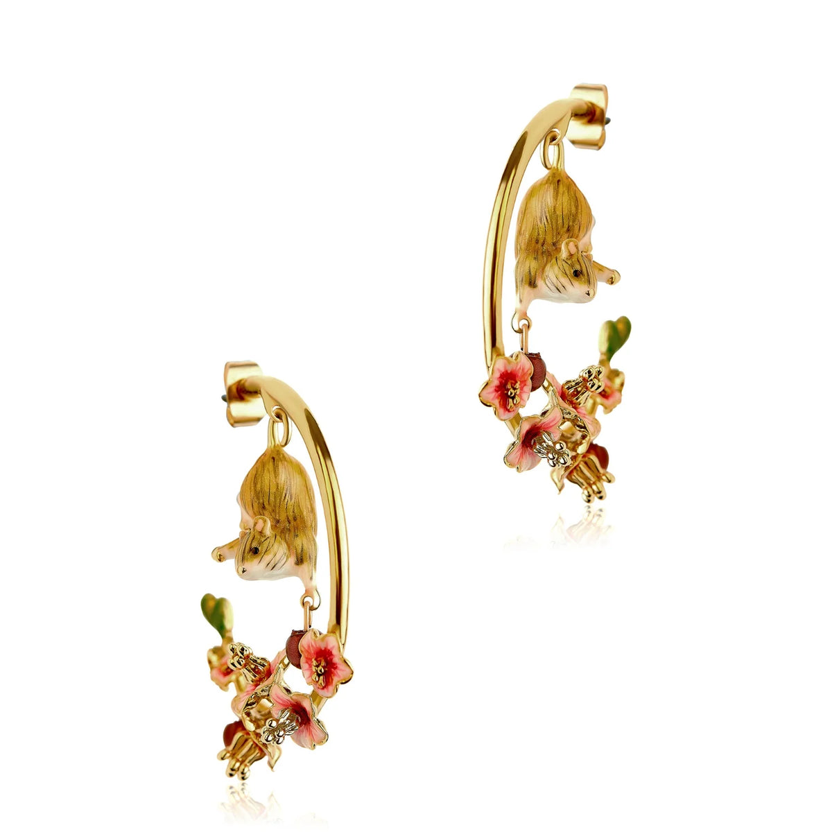 Close-up of Bill Skinner Conker Mouse Hoop Earrings featuring blossoms and conkers.