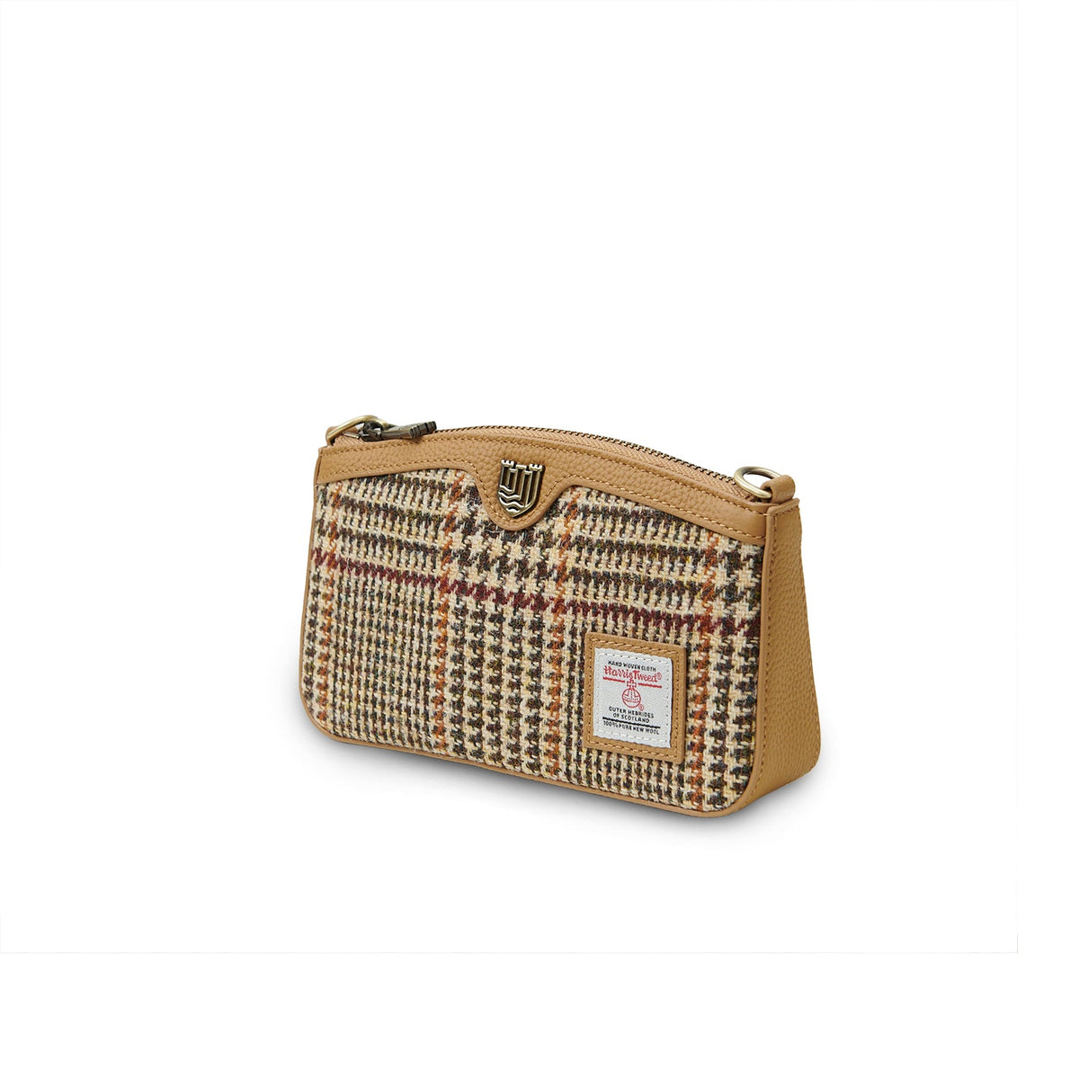 Ailsa beige dogtooth Harris Tweed purse angled clutch view on white background