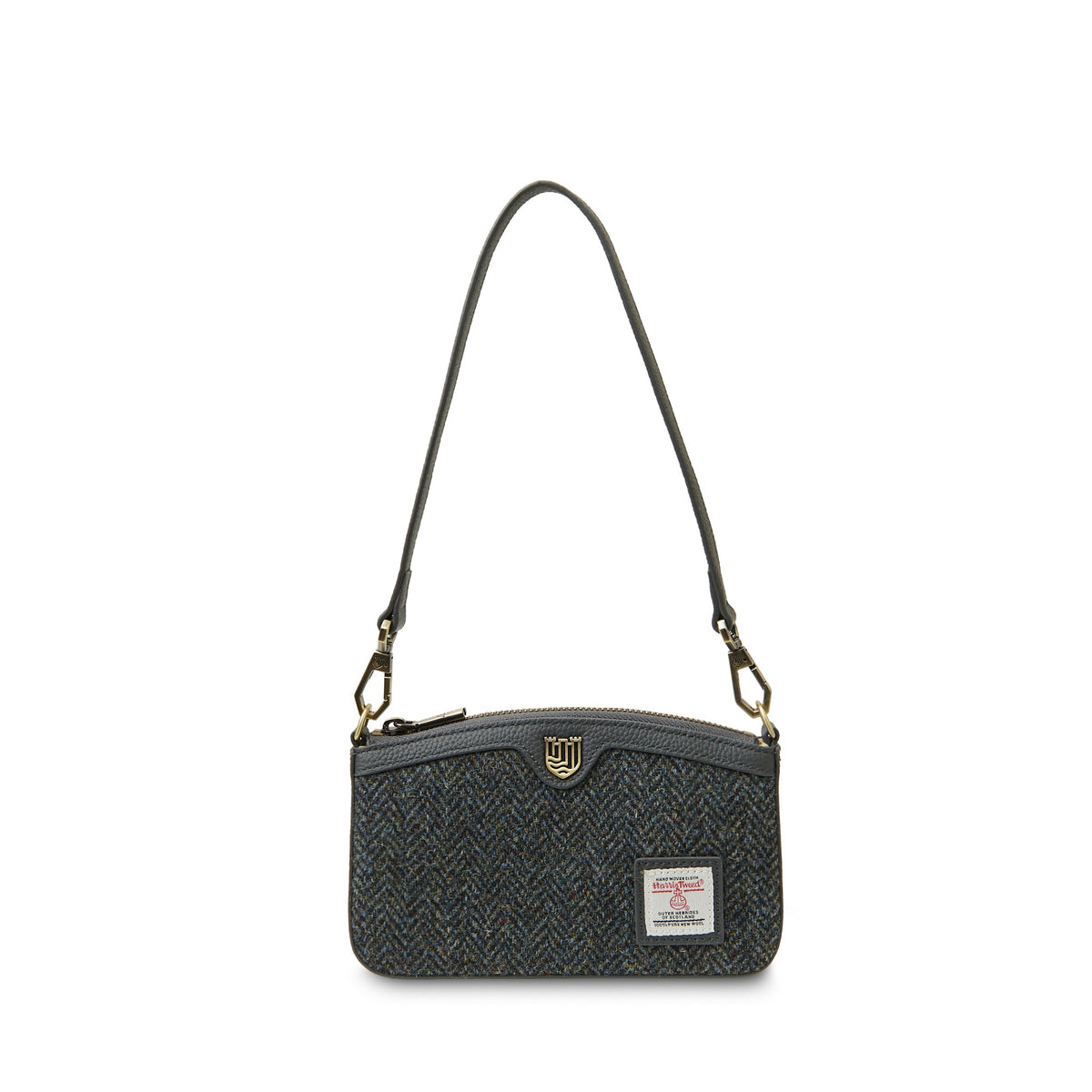 Ailsa black grey herringbone Harris Tweed purse front view white background