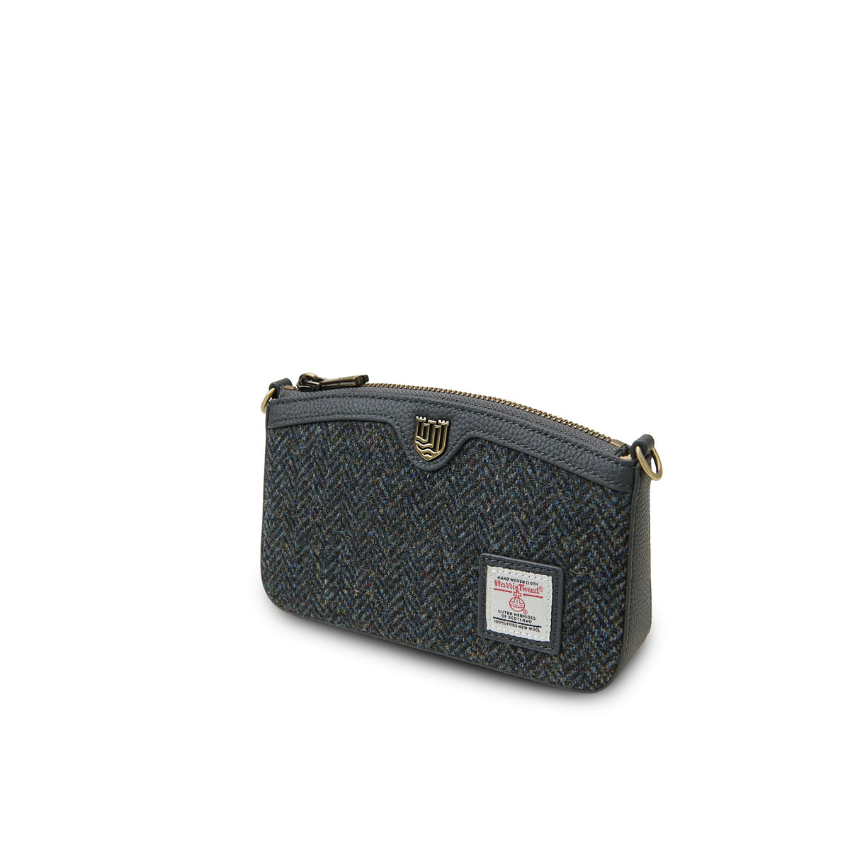 Ailsa black herringbone purse open showing leather interior on white background