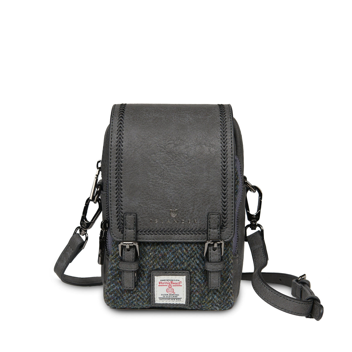 Black and grey herringbone Baby Jura crossbody shown at an angle