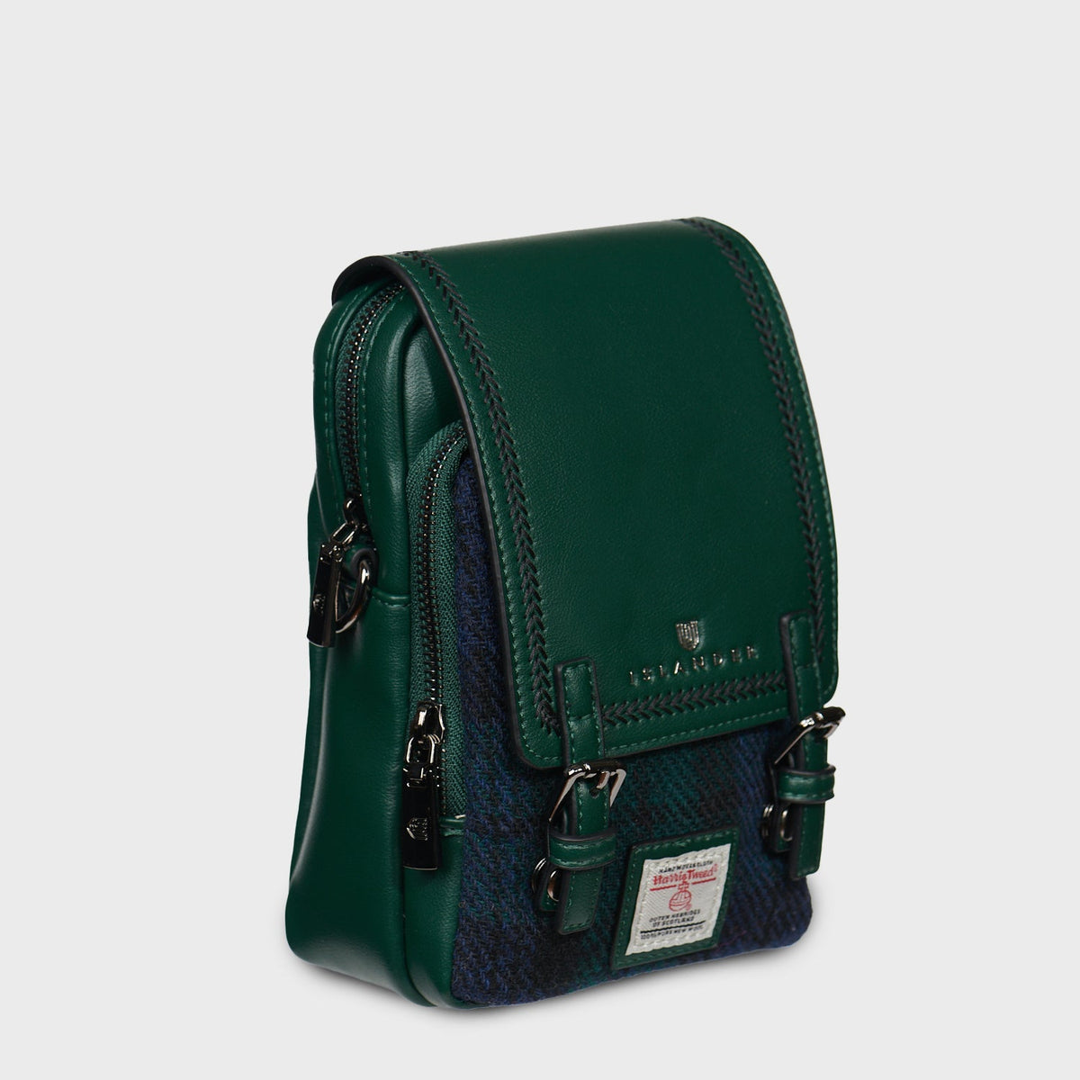 Black Watch Harris Tweed crossbody bag angled to show the side