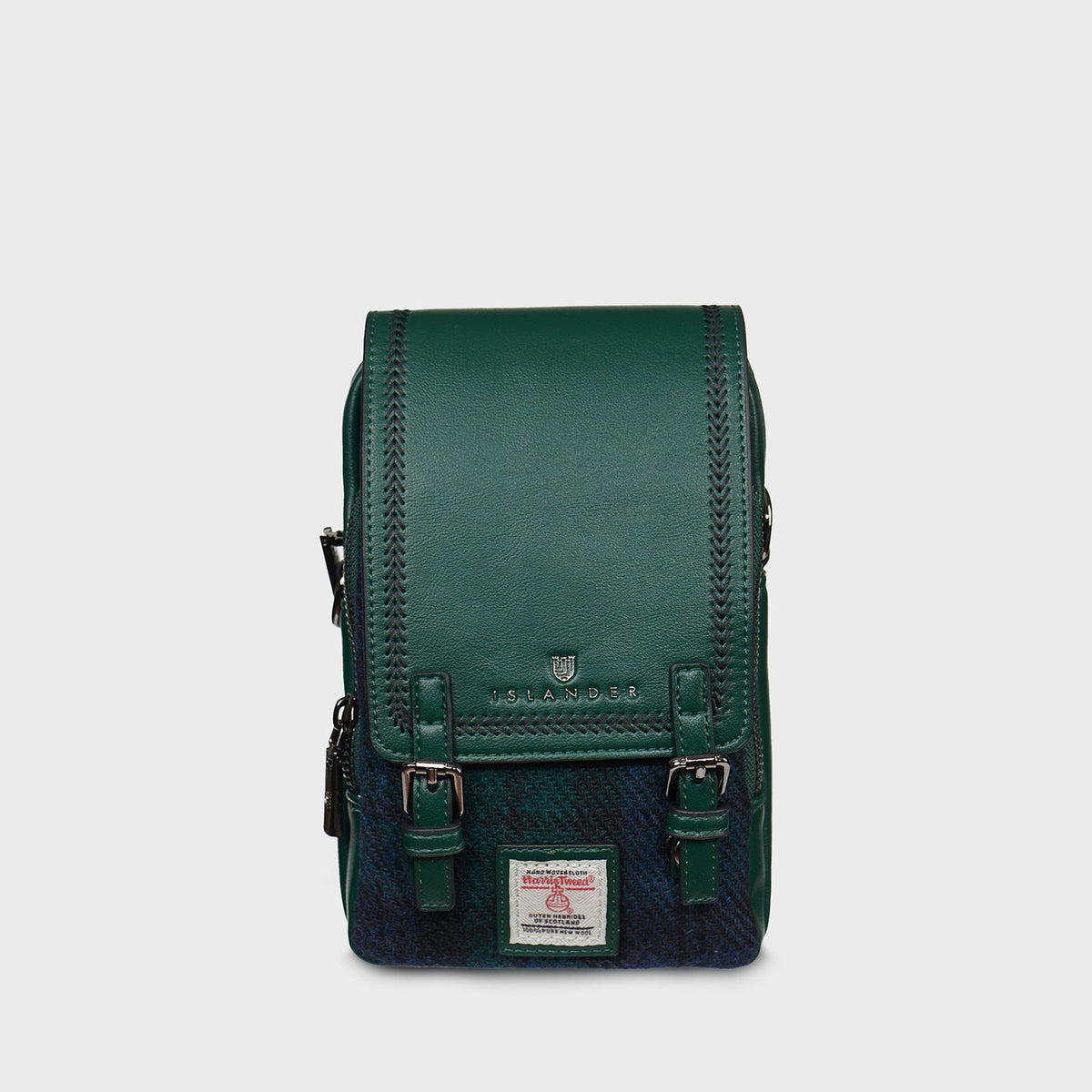 Baby Jura crossbody bag in green leather with a Black Watch tartan panel