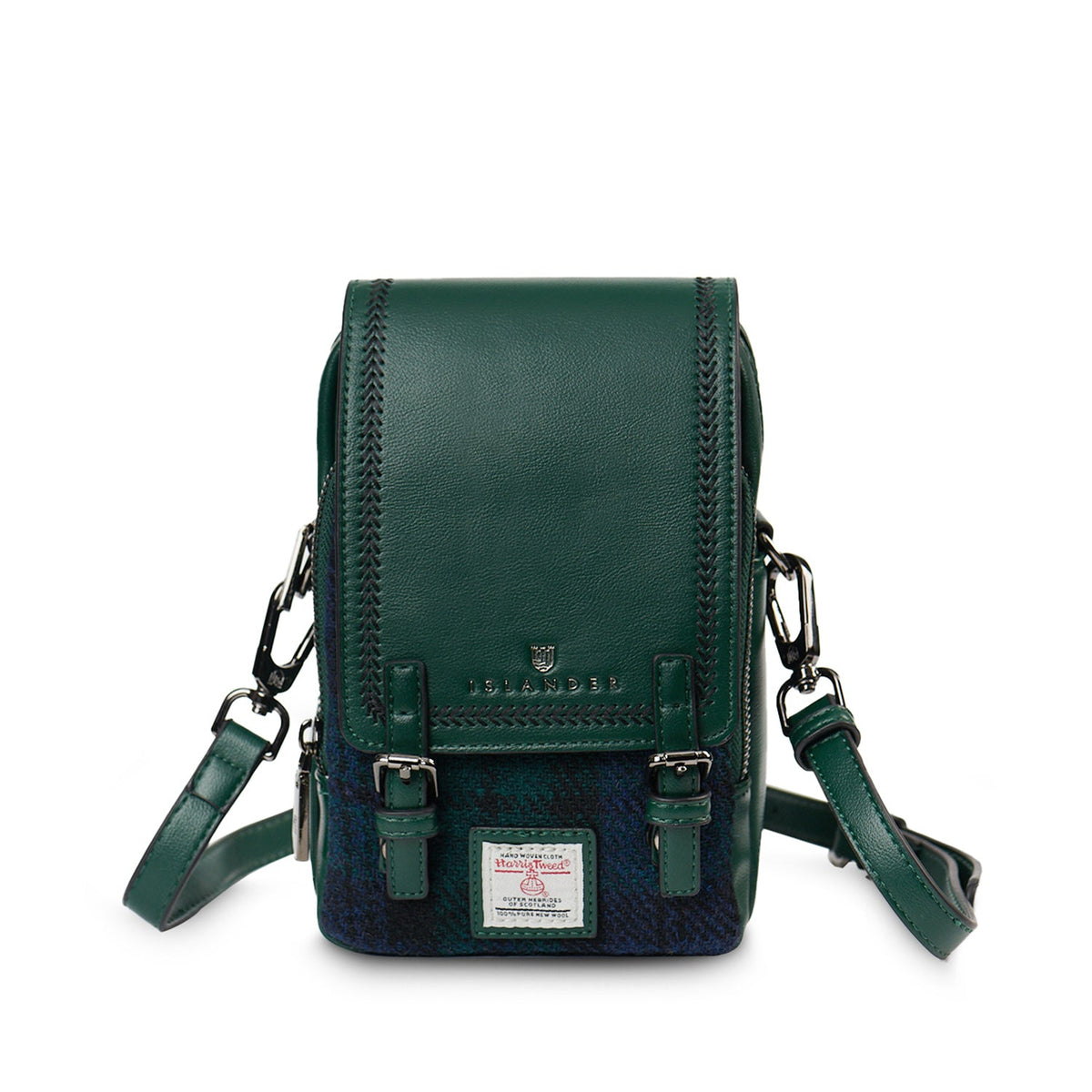 Black Watch Harris Tweed crossbody bag with the strap attached