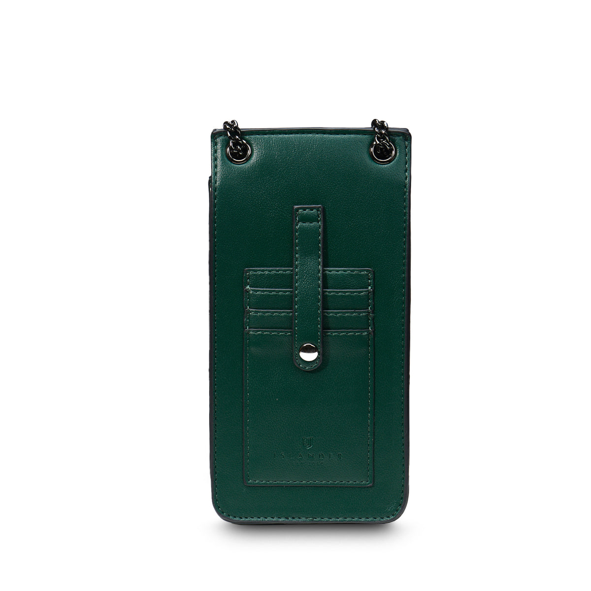 hind View: The Phone Tote with Harris Tweed® with green vegan leather and 4 card slots.