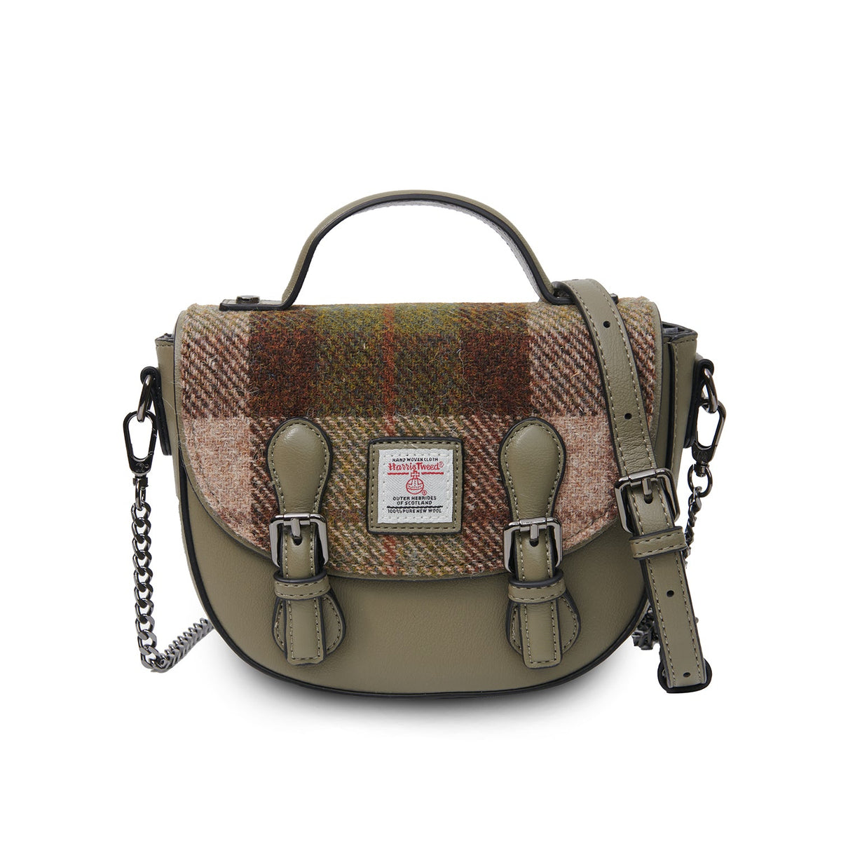 Chestnut tartan Harris Tweed cobble satchel, front view