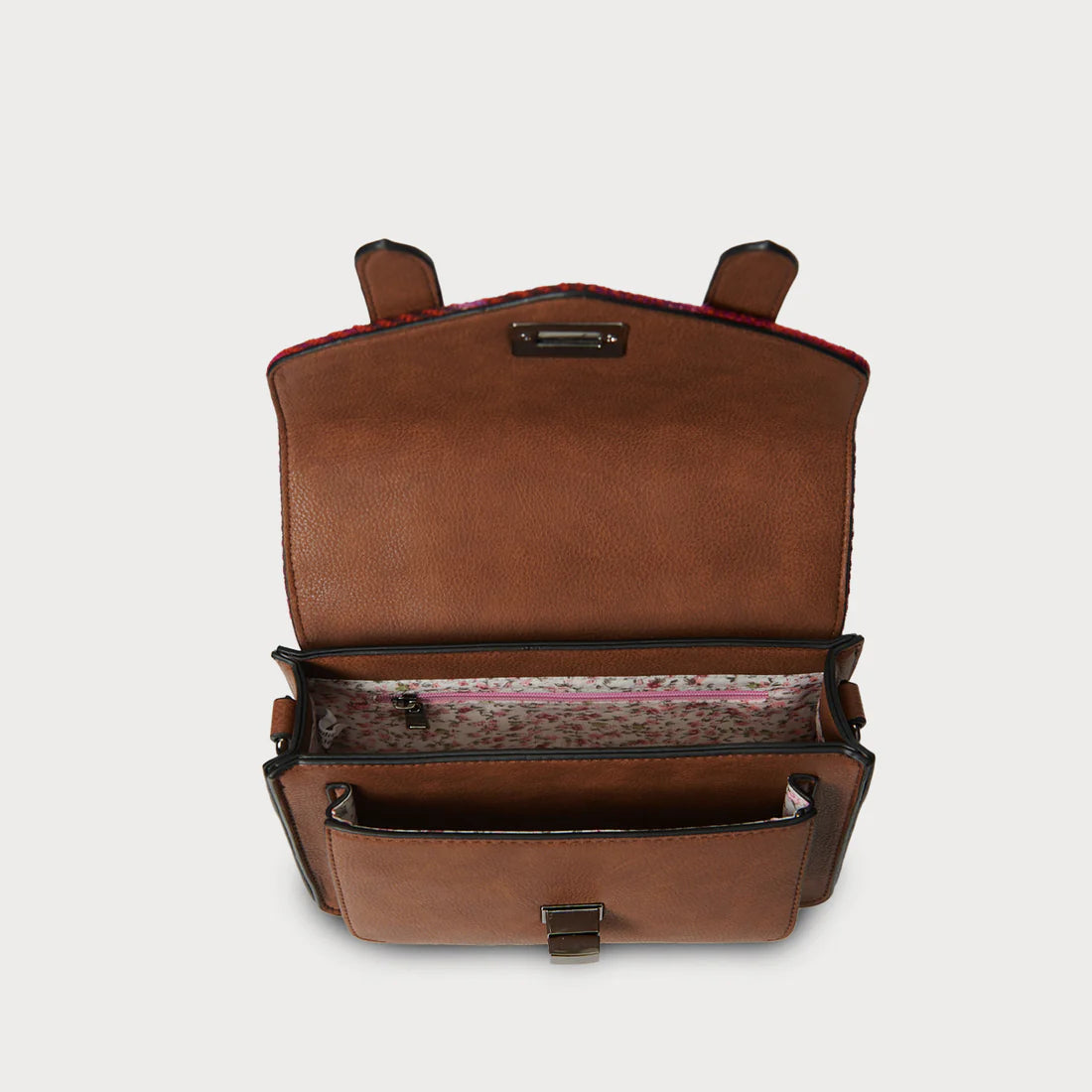 Interior view of Fuschia Tartan Mini Satchel showing floral lining and compartments.