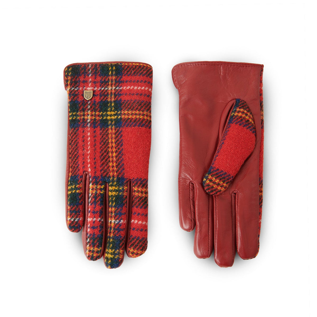 Royal Stewart tartan gloves showing brown leather palm on white background