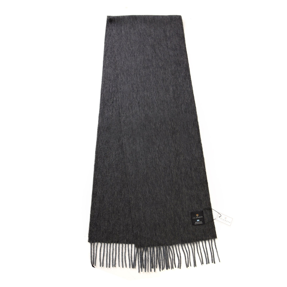 Full length black and grey herringbone lambswool scarf with pale fringed ends