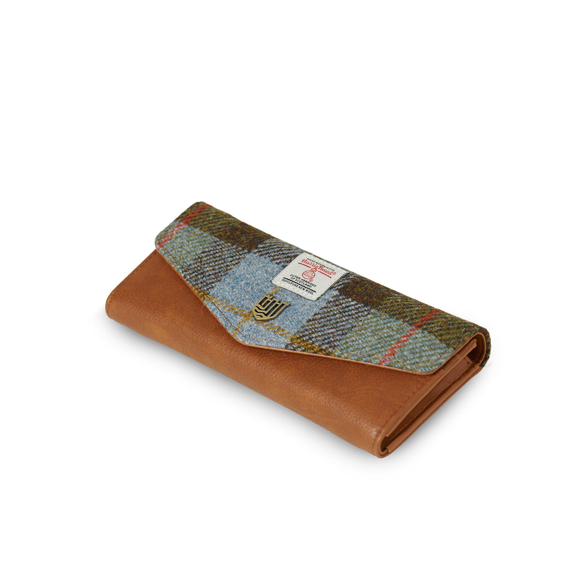 Chestnut and blue tartan Harris Tweed purse angled view on white background