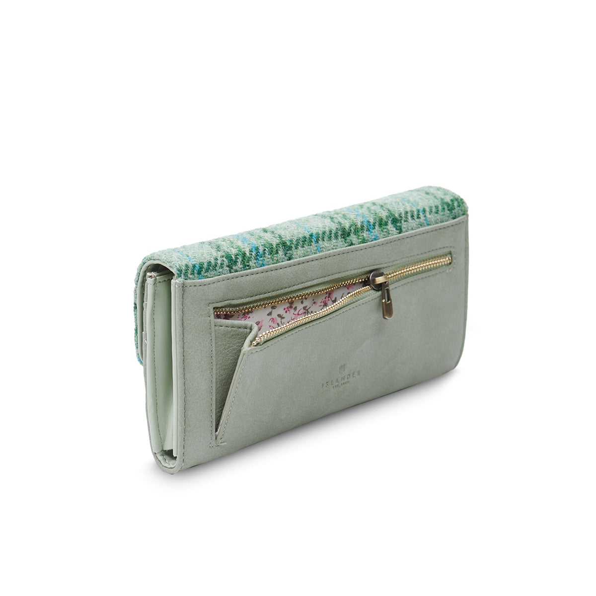 Mint tartan Harris Tweed clasp purse shown at an angle