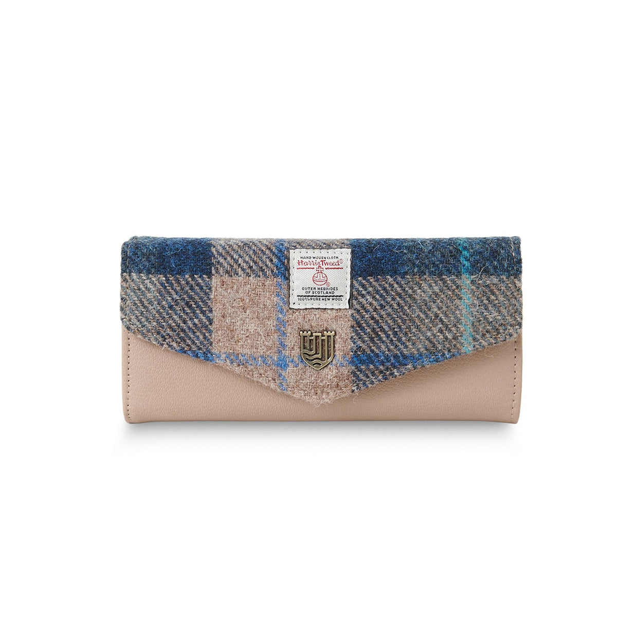 Harris Tweed large clasp purse in navy and beige tartan with beige leather