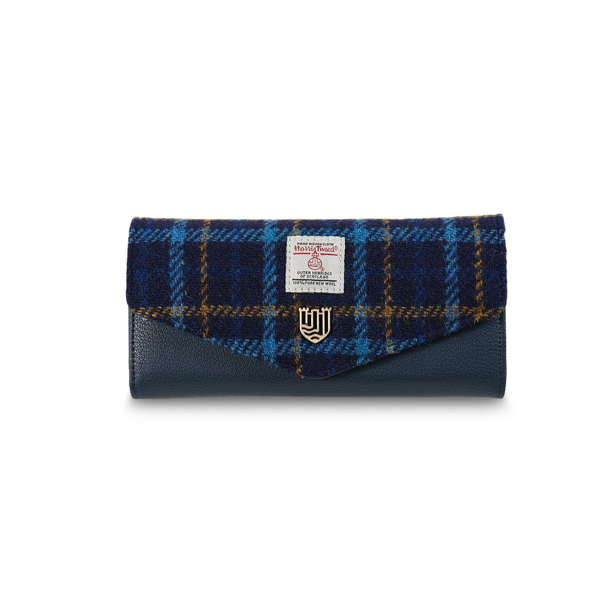 Harris Tweed large clasp purse in navy tartan with navy leather