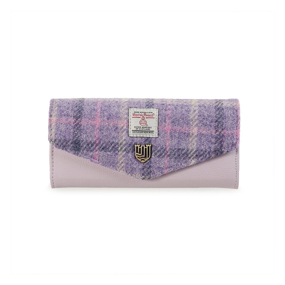 Islander Harris Tweed clasp purse in lilac and pink tartan, front view