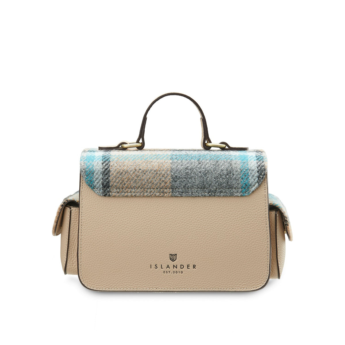 Melrose crossbody back view with embossed Islander logo on white background