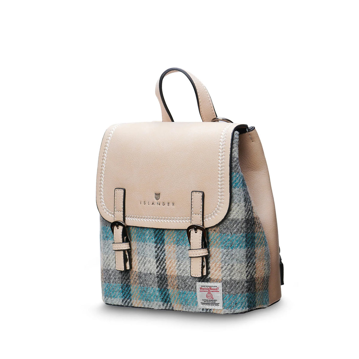 Harris Tweed mini backpack angled view showing teal-grey tartan and leather