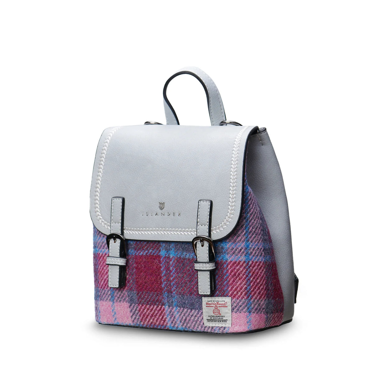 Harris Tweed mini backpack in pink-blue tartan angled on white background