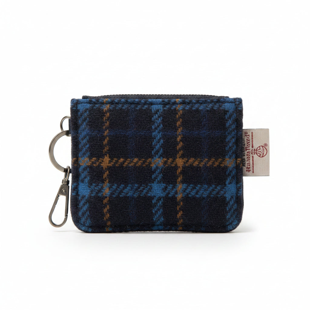 Islander navy tartan card zip wallet made with Harris Tweed, showing card slots and zip pocket