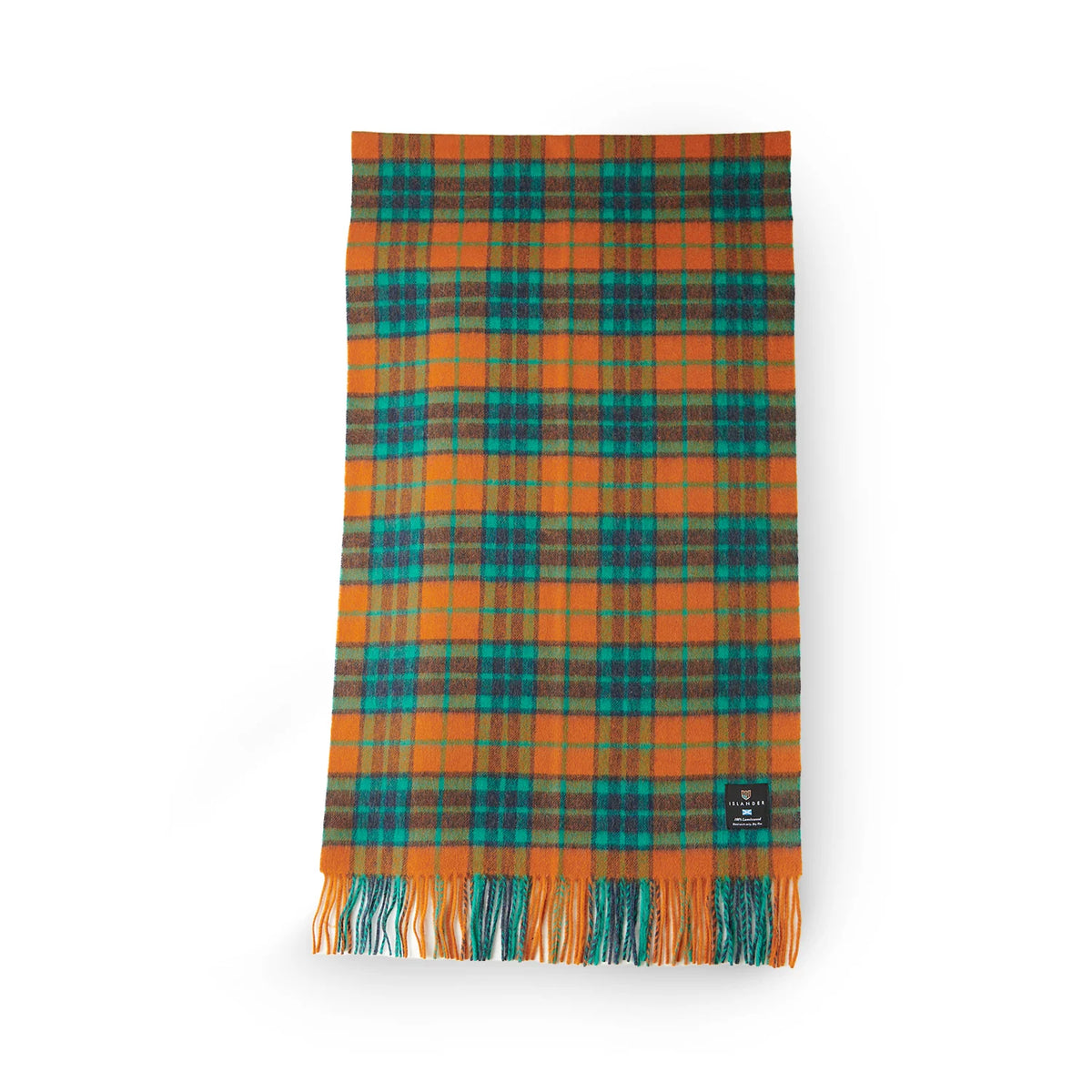 Orange and blue tartan lambswool scarf with fringe edges, folded neatly to show soft woven texture and vibrant check pattern.
