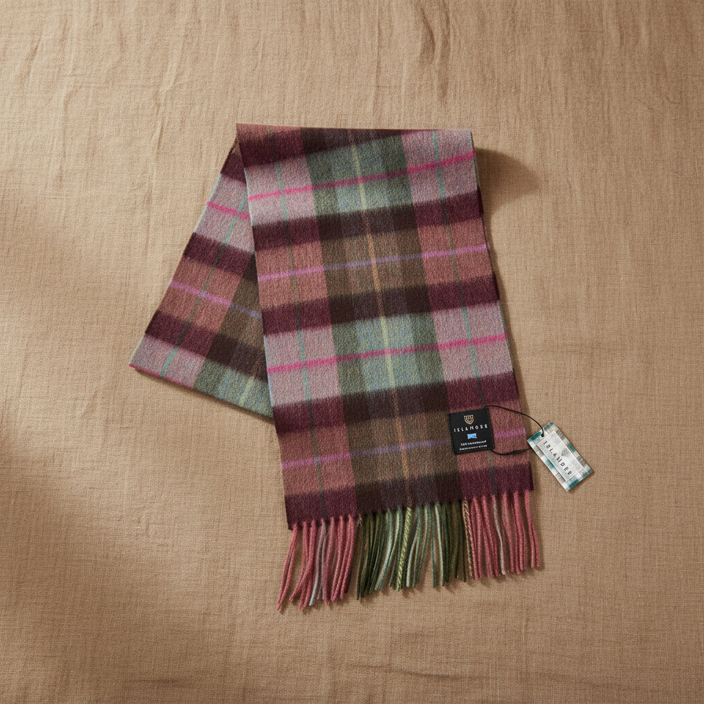 Pink and blue tartan lambswool scarf laid flat with soft fringed ends in pink and green tones, showcasing the full classic Scottish check pattern and woven texture.