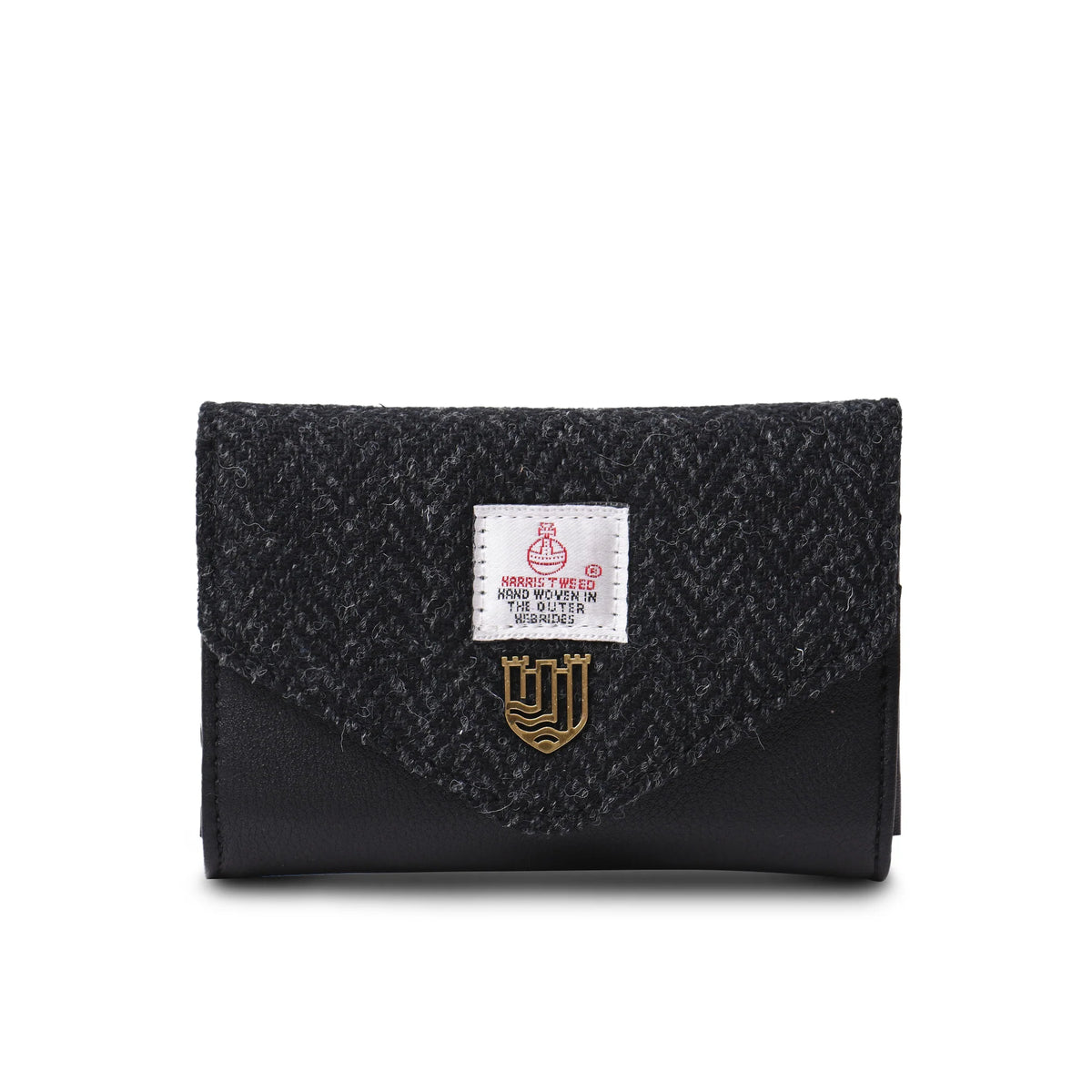 Black herringbone Harris Tweed clasp purse front view on white background.