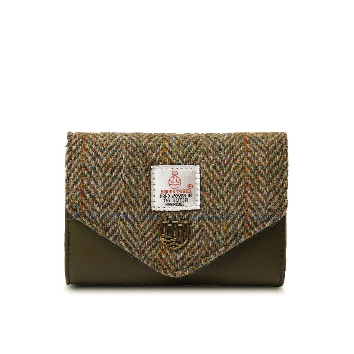 Chestnut herringbone Harris Tweed clasp purse front view on white background.