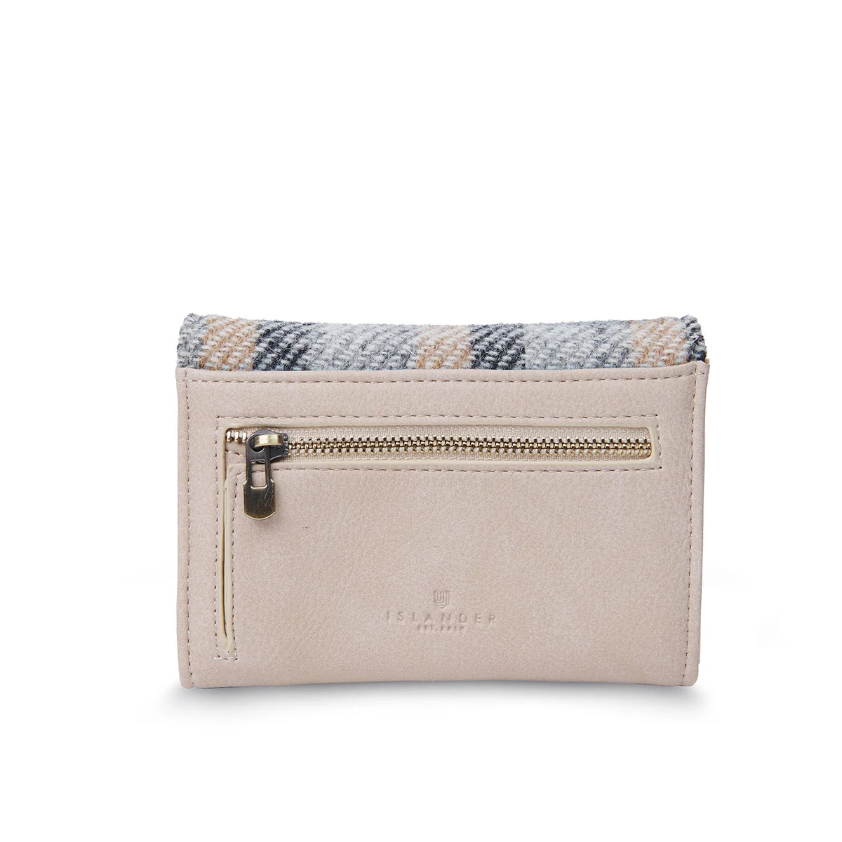 Back of the purse featuring a cream faux leather finish with a zip pocket and Harris Tweed trim across the top.