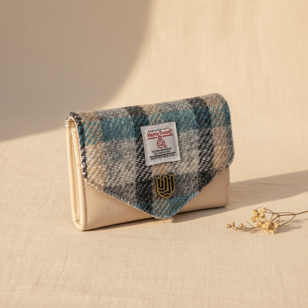 Angled view of the tartan Harris Tweed purse highlighting the textured flap and neutral cream body with stylish detailing.