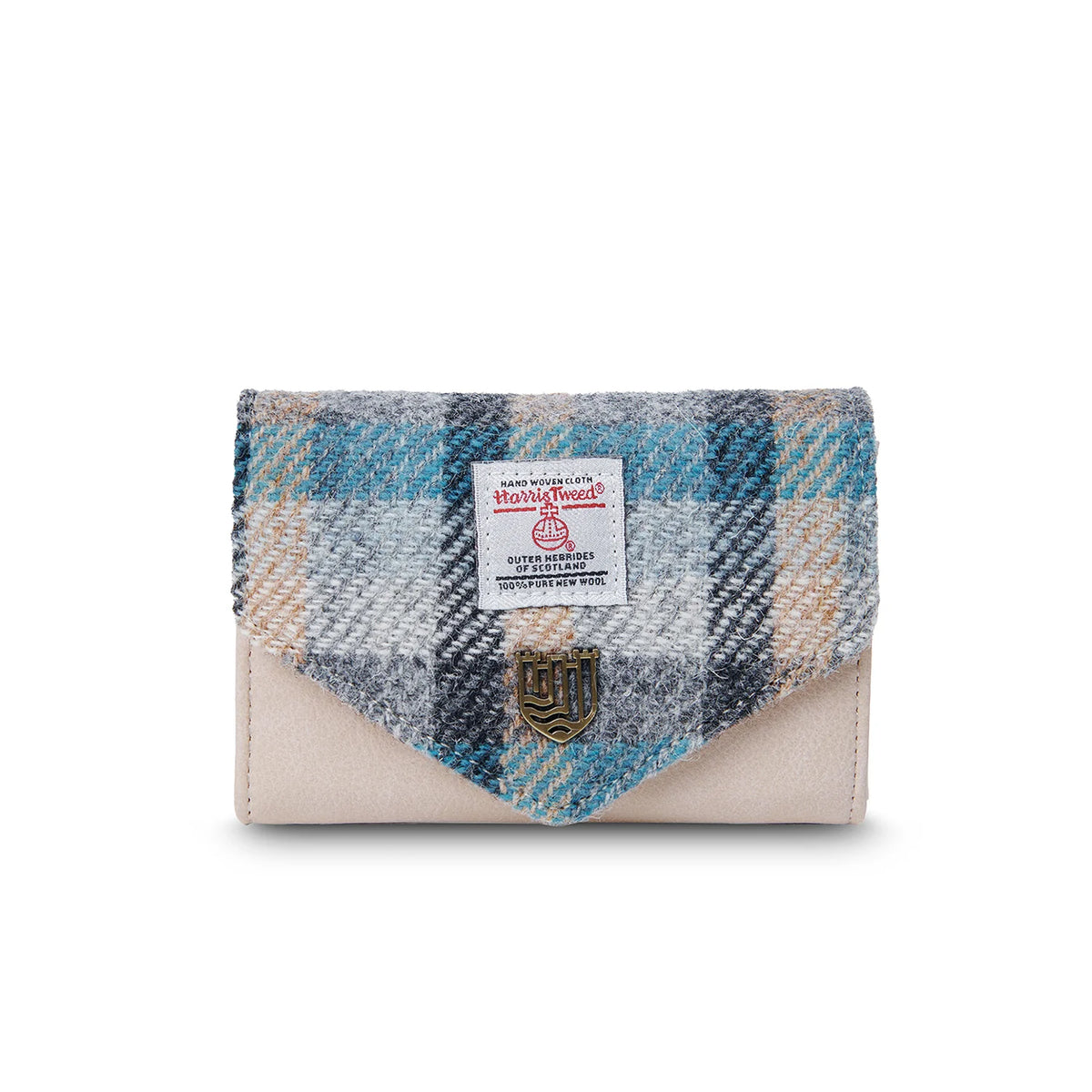 Front view of a small Harris Tweed purse with a blue and grey tartan flap, soft cream body, and Islander metal crest detail.