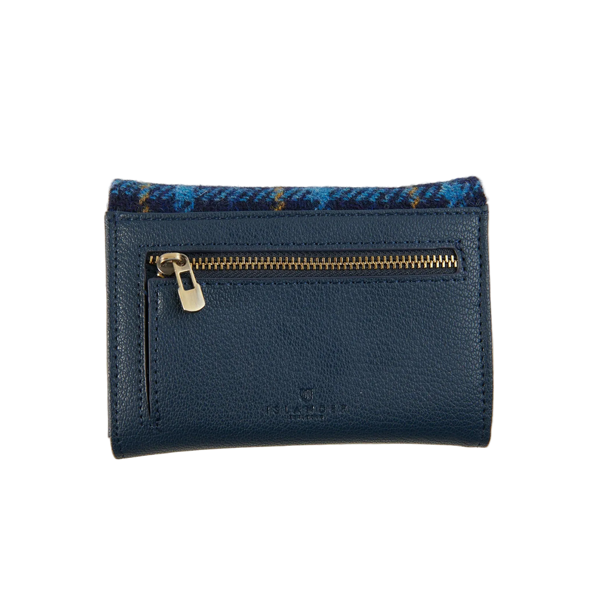 Navy tartan Harris Tweed purse back showing zip pocket detail.