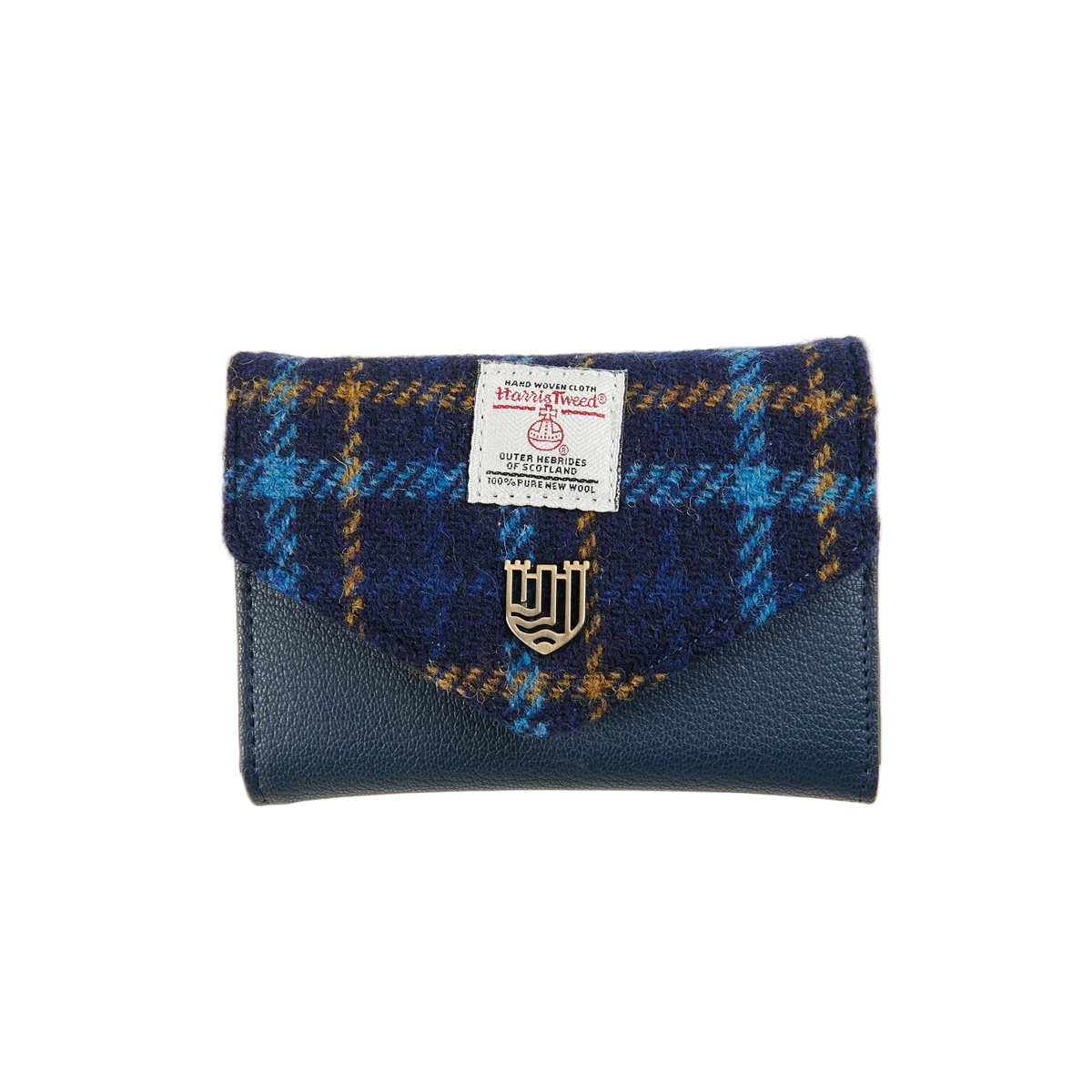 Navy tartan Harris Tweed clasp purse overhead view on white background.