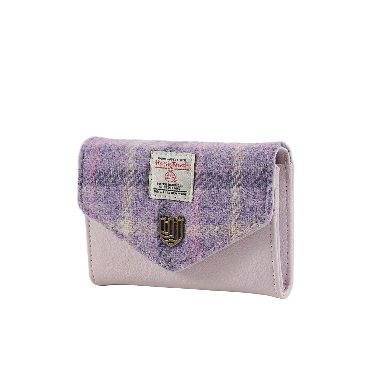 Purple tartan Harris Tweed clasp purse angled view on white background.