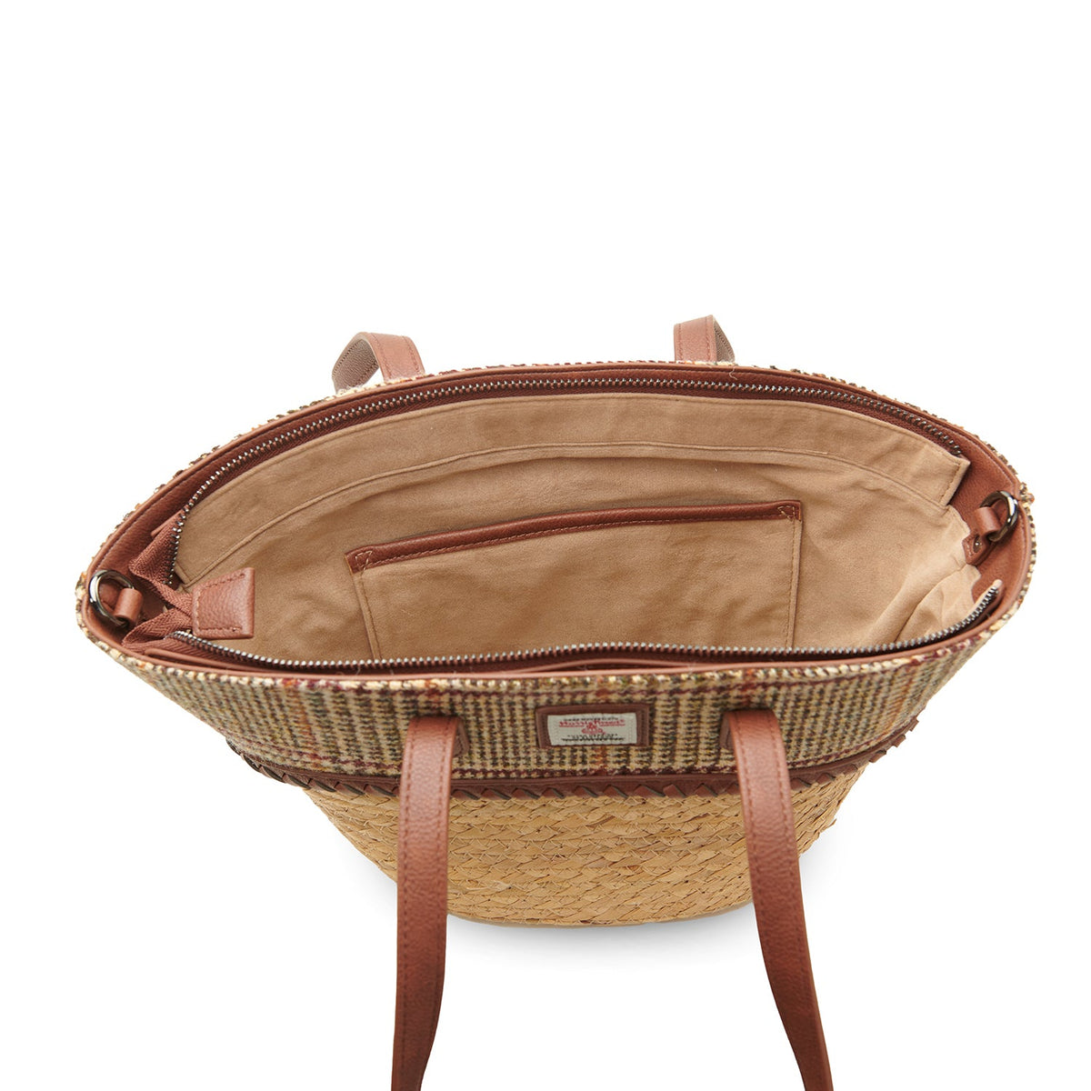 Basket bag from above, open to show the lining and interior pocket