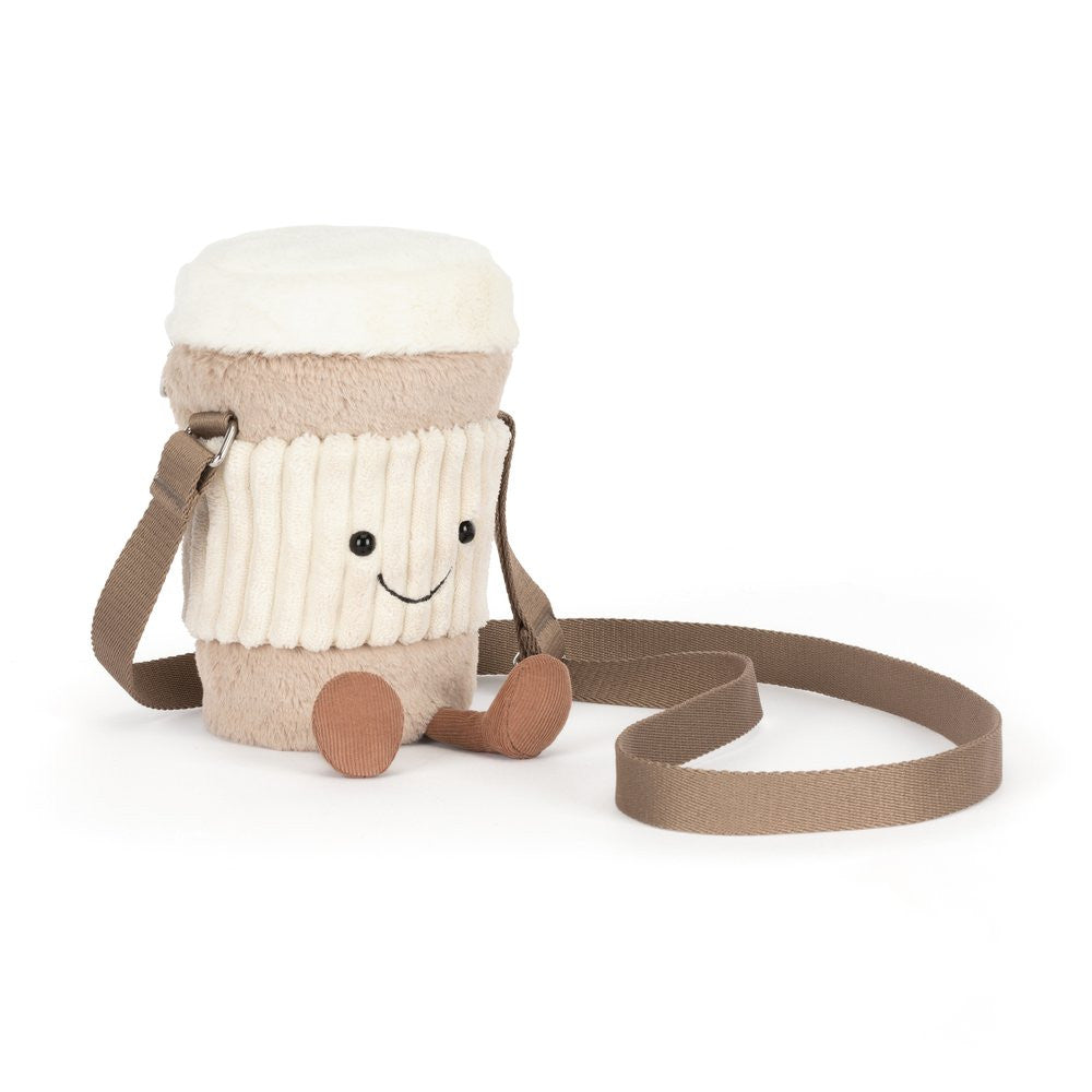 Jellycat Amuseables Perkle Coffee Shoulder Bag, a plush takeaway cup with a smiley face, cream cord body and long adjustable strap