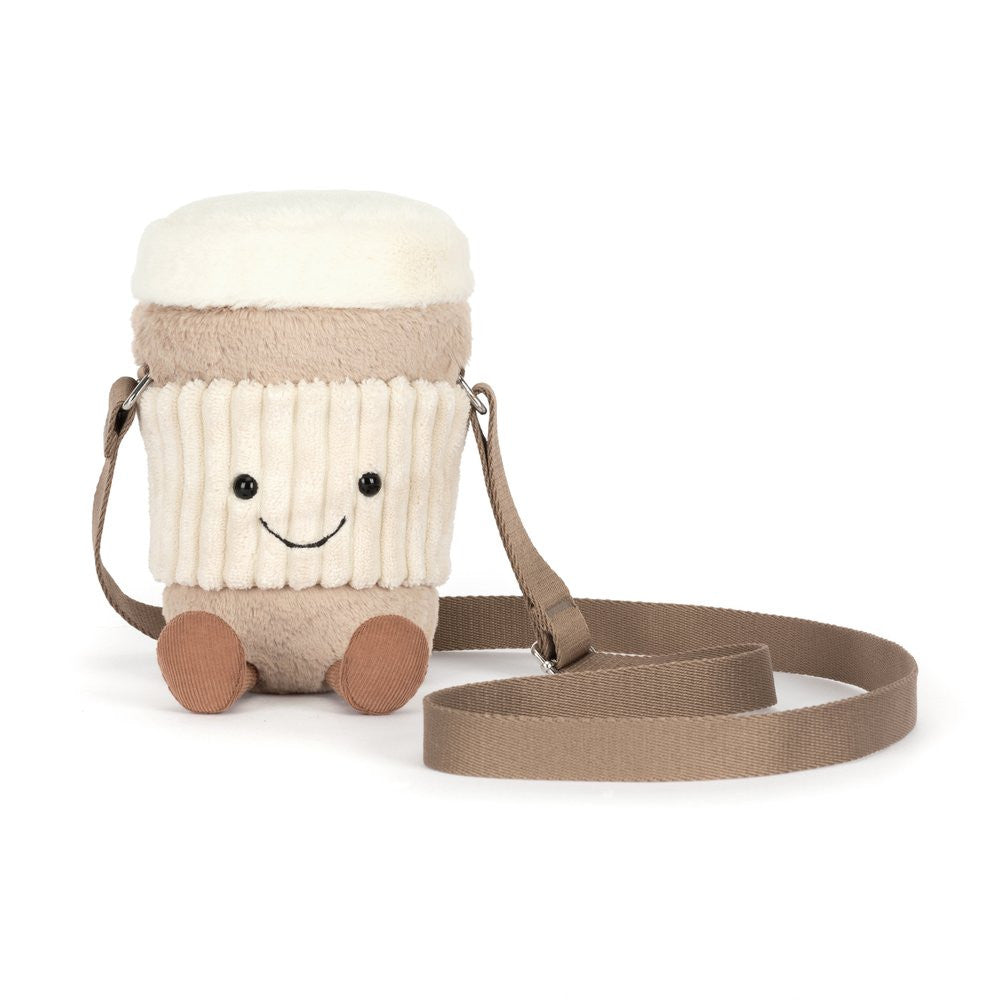 Jellycat Perkle Coffee Shoulder Bag shown with its full length strap laid out