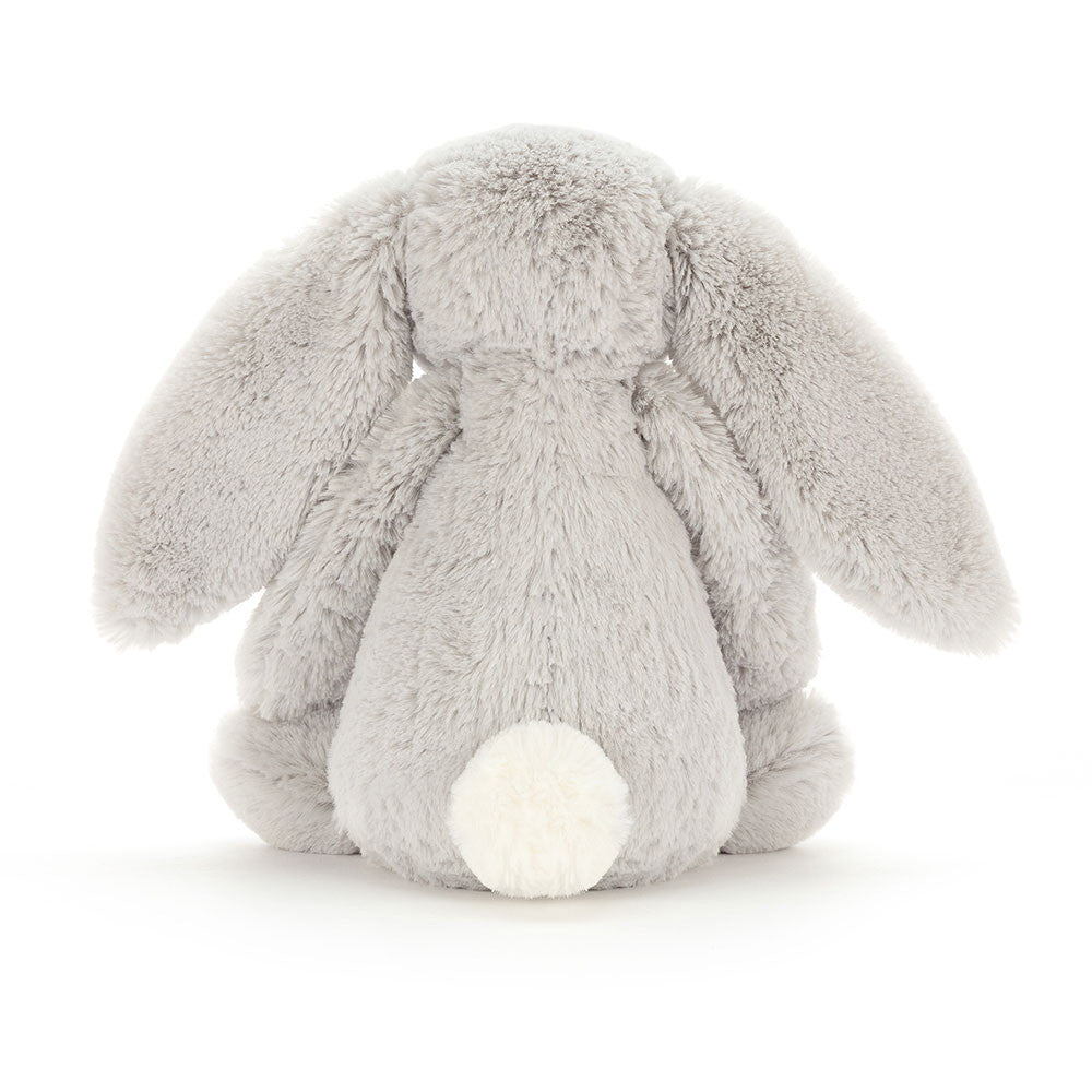 Back view of the silver grey Jellycat Bashful Bunny Original with its round white bobtail
