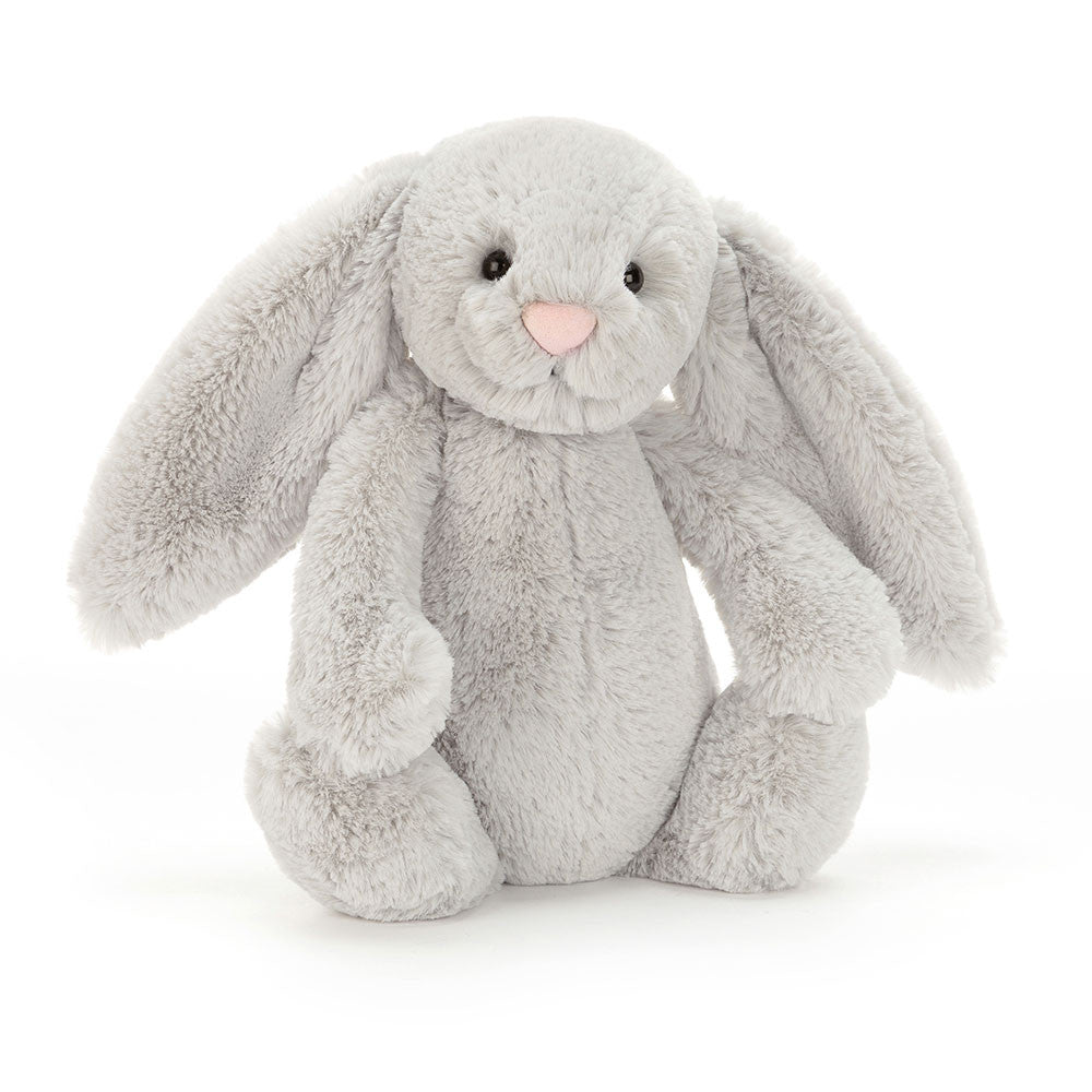 Jellycat Bashful Silver Bunny Original sitting upright, soft grey fur with long floppy ears and a pink stitched nose
