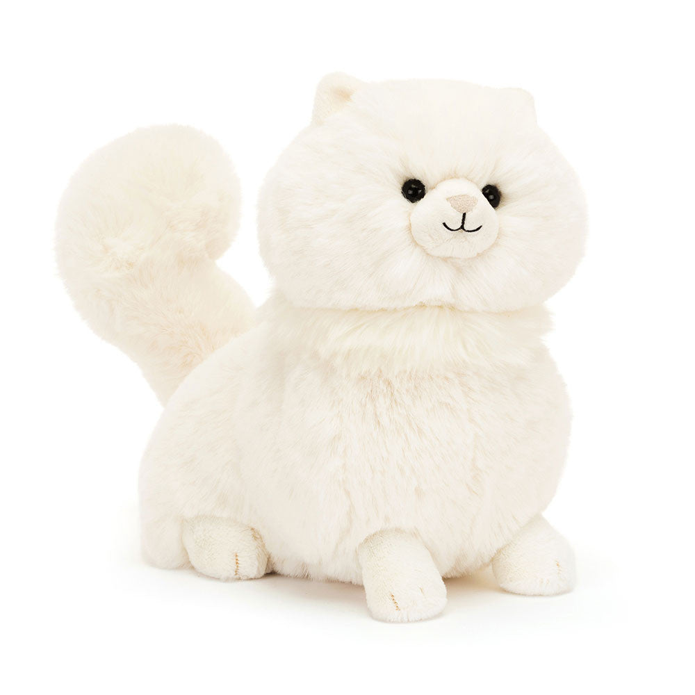 Cream Jellycat Carissa Persian Cat soft toy with fluffy tail, front view
