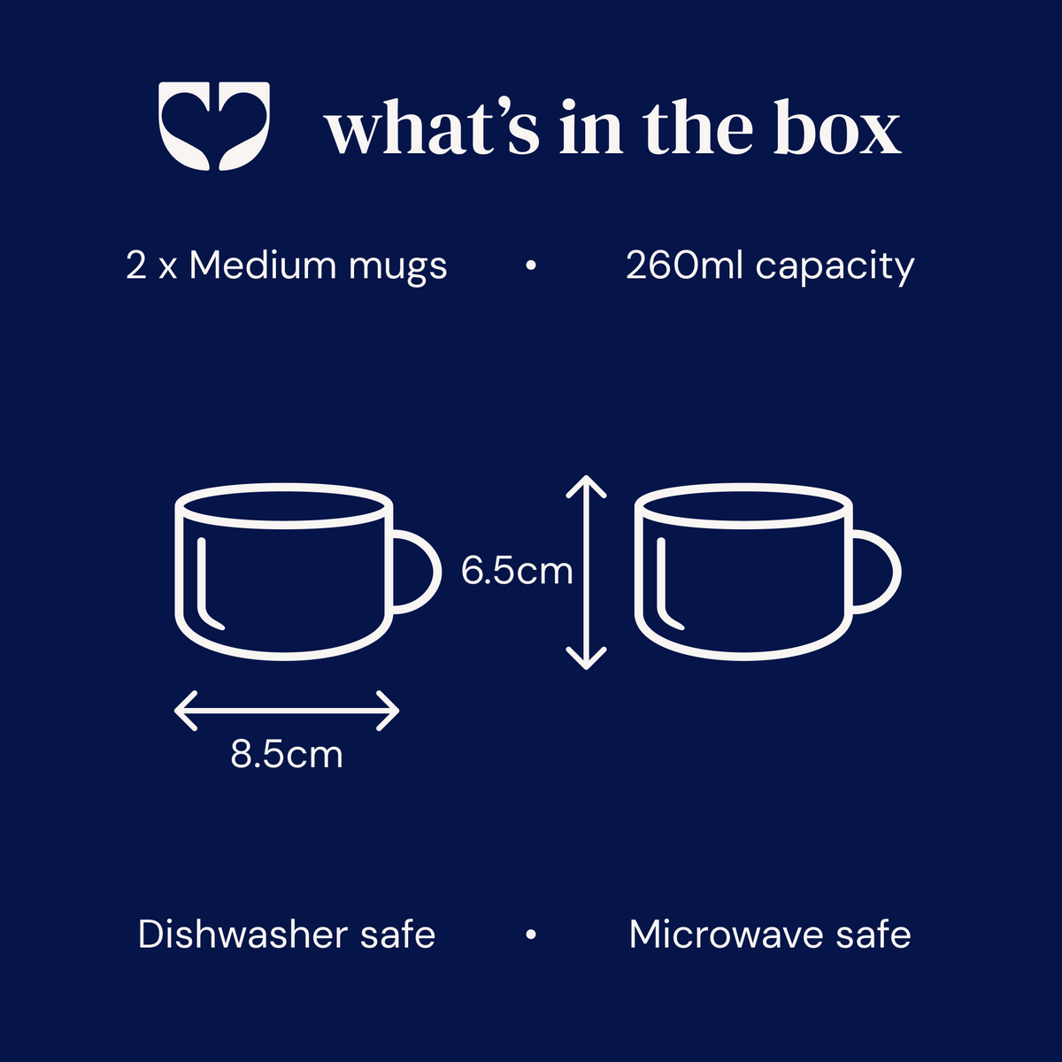 Size guide showing two medium Kindred mugs at 8.5 x 6.5cm and 260ml