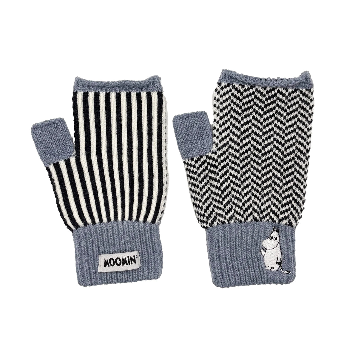 Knitted Moomin Herringbone Gloves photographed flat against white background showing both sides.
