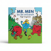 Cover of Mr Men in Scotland children's book showing the Mr Men characters touring Scottish lochs and glens