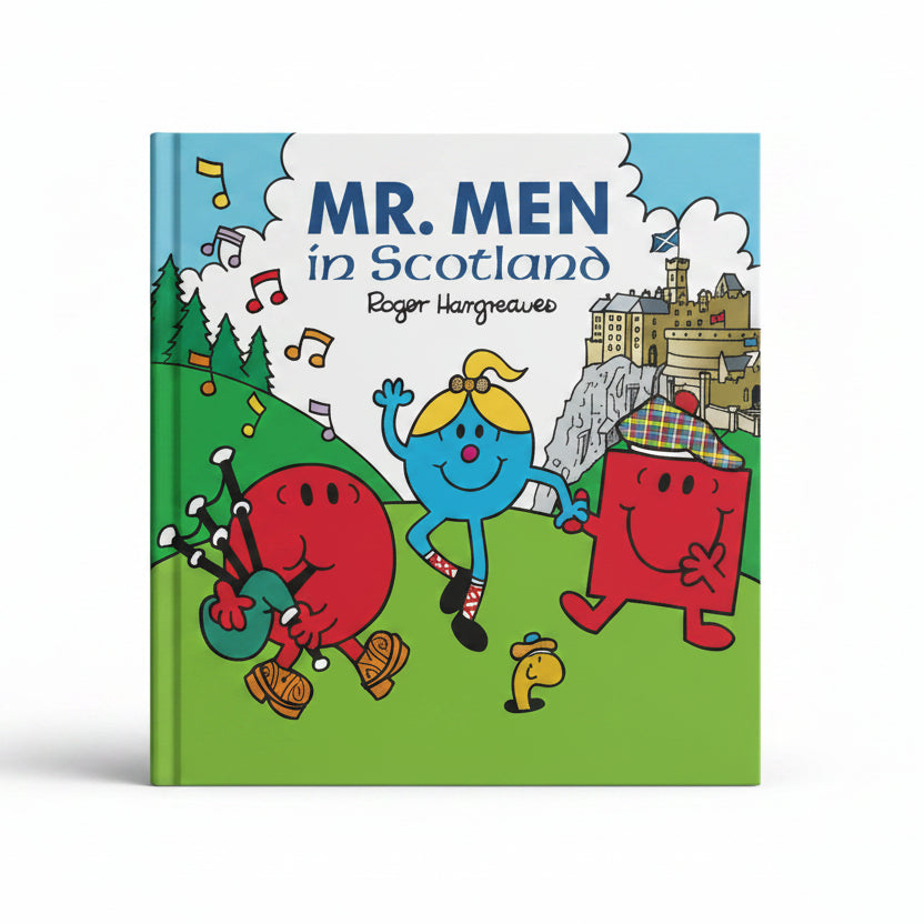 Cover of Mr Men in Scotland children's book showing the Mr Men characters touring Scottish lochs and glens