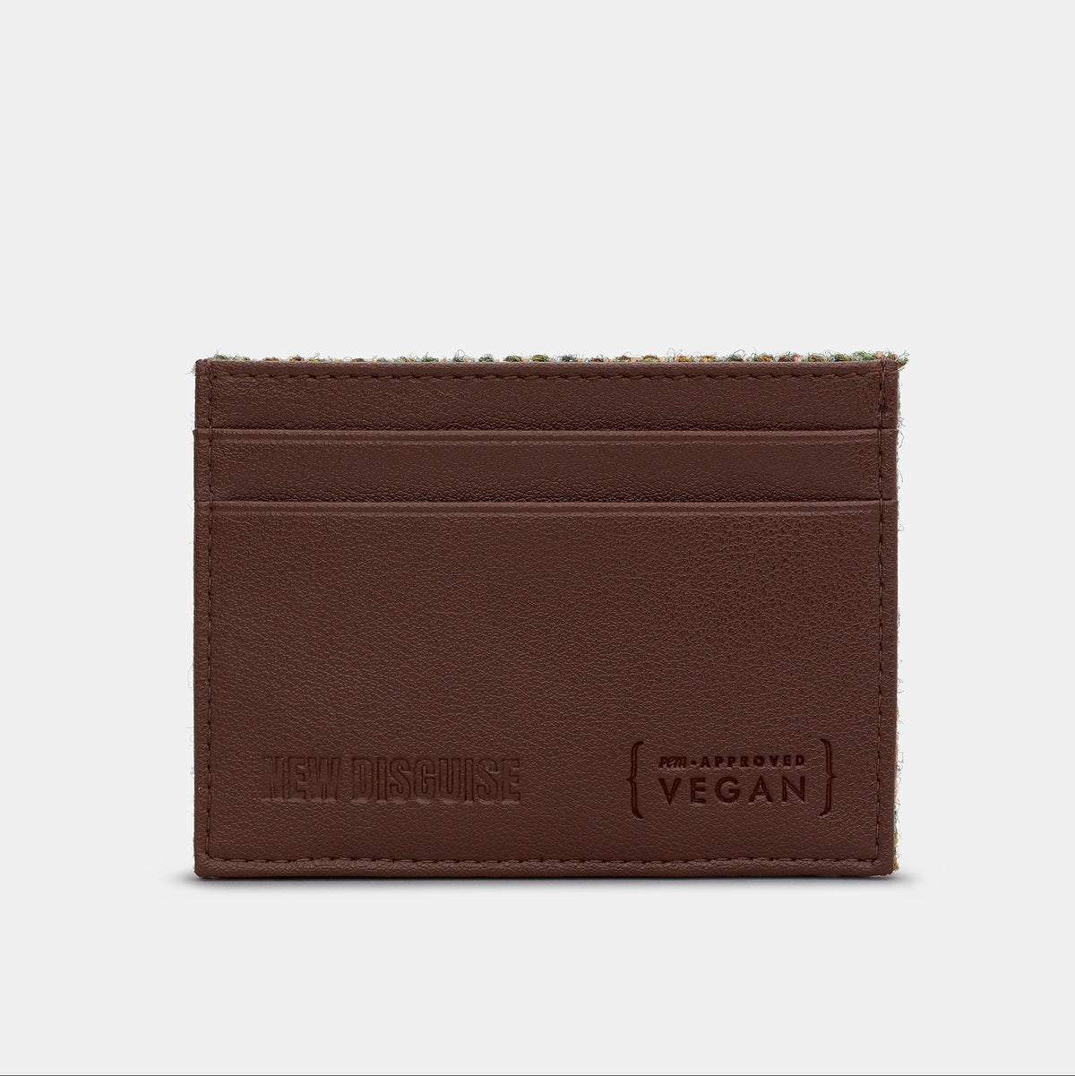 Highland cow card holder in green tweed-effect vegan leather, back view