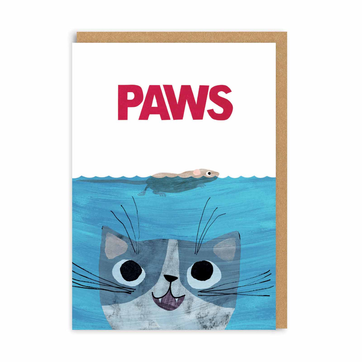 Ohh Deer Paws card, grey cat under blue water below a swimming mouse, with kraft envelope