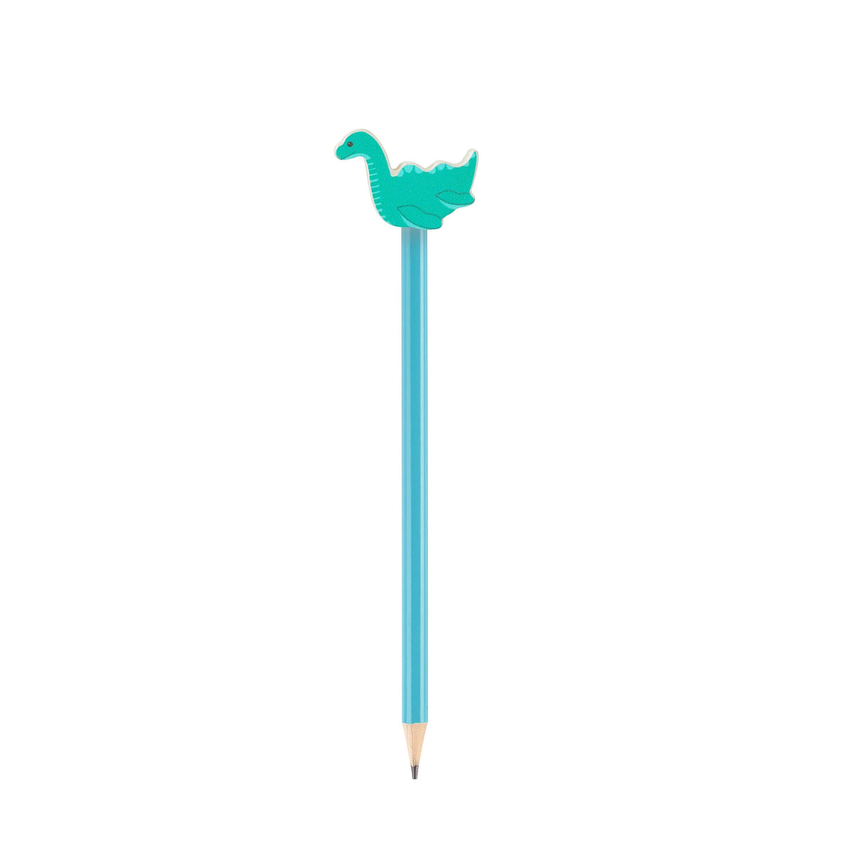 Close view of the hand-painted wooden Nessie topper on the blue pencil