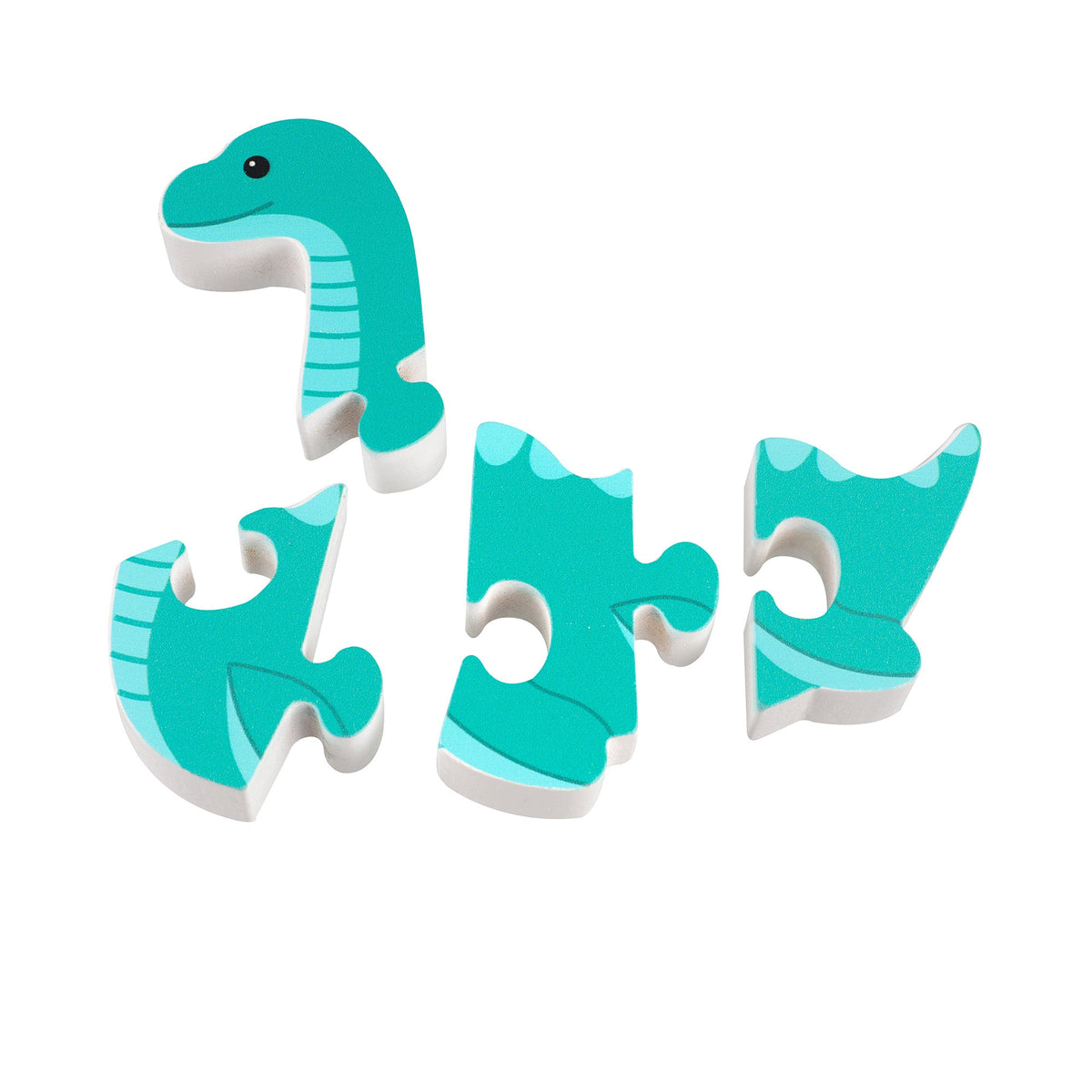 Nessie wooden puzzle separated into its four chunky pieces
